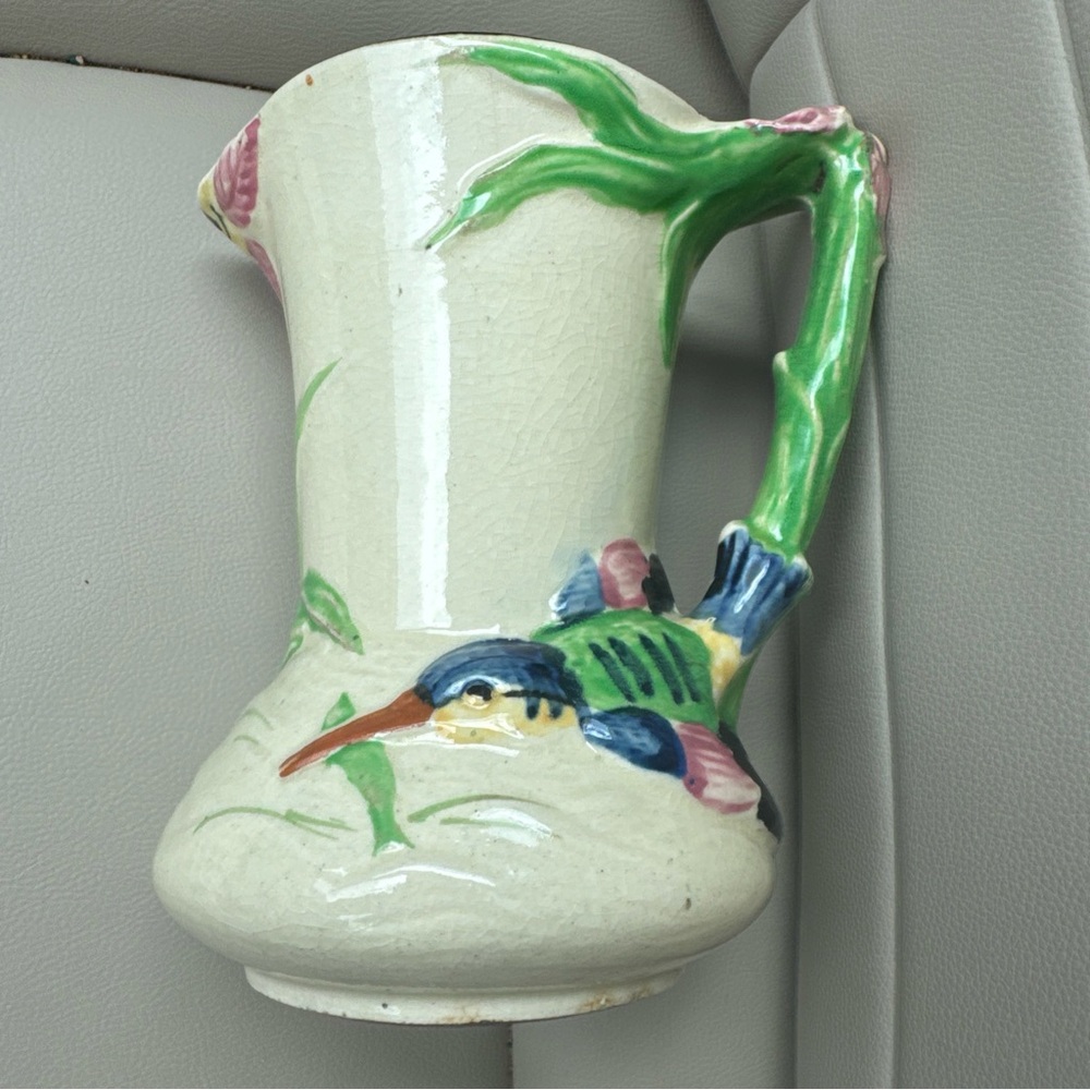 Antique Majolica Pottery BIRD JUG Pitcher Flower Handle